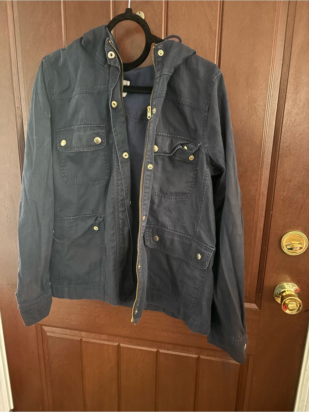 J. Crew Navy Hooded Field Jacket with Brass Hardware